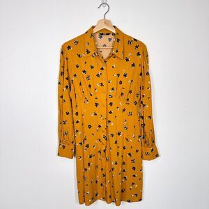 Uniqlo Floral Printed V-Neck Long Sleeve Mini Dress Sz Small Mustard Yellow